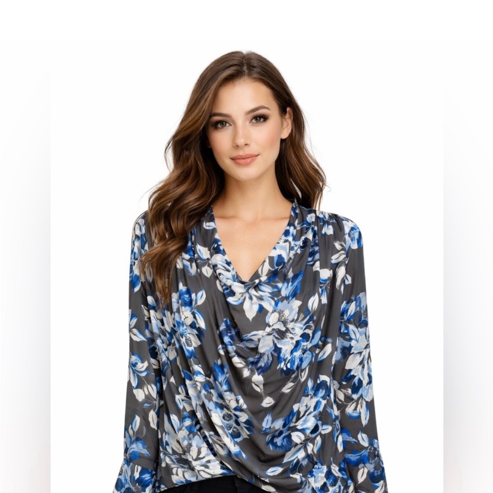 Chico's Blue and Gray Floral Blouse